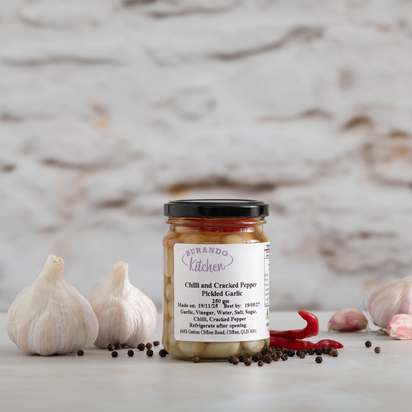 Burando Downs chilli and cracked pepper pickled garlic