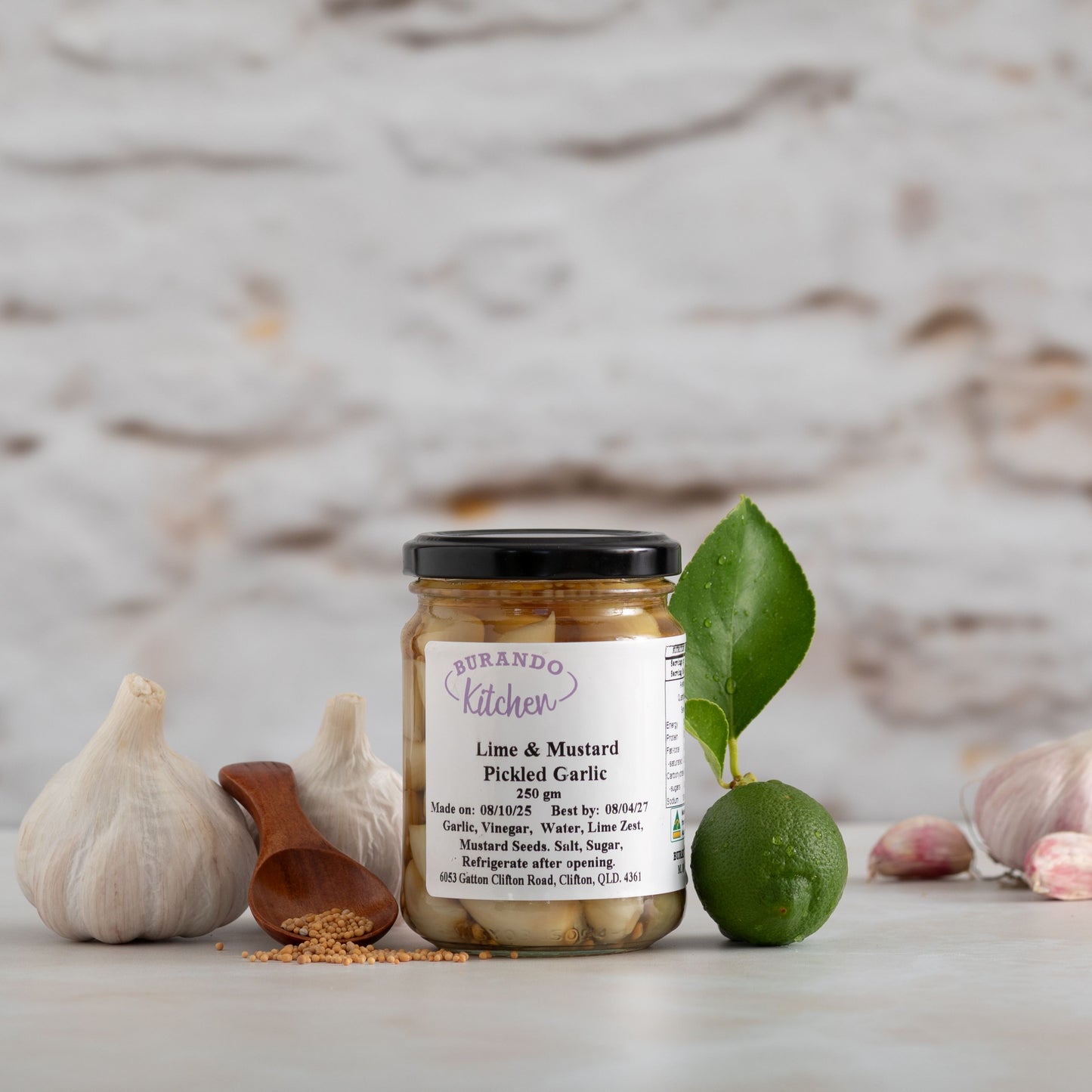 Burando Downs lime and mustard pickled garlic