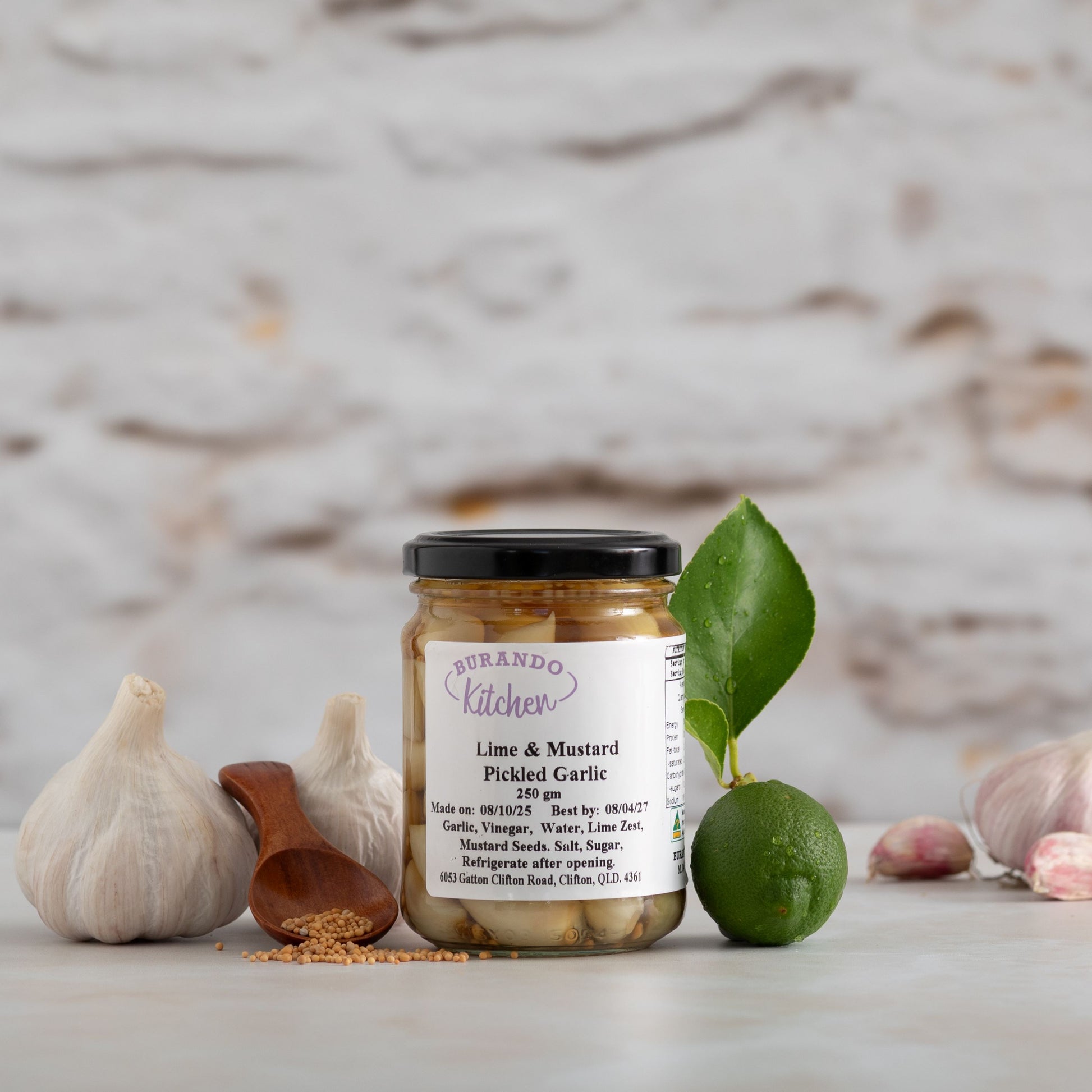 Burando Downs lime and mustard pickled garlic